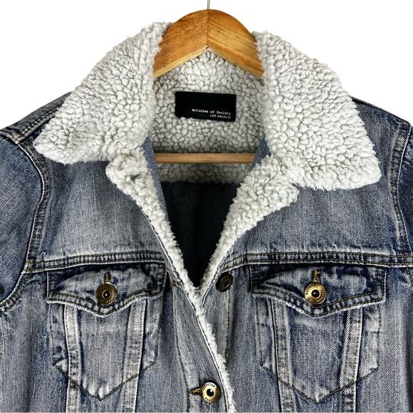 Articles of Society Denim Jacket Womens M Rolling Stones Sherpa Collar Rock - Picture 3 of 6